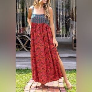 Natural Life Maxi Dress SZ Large Floral Side Slits Sleeveless Red Teal Boho NEW